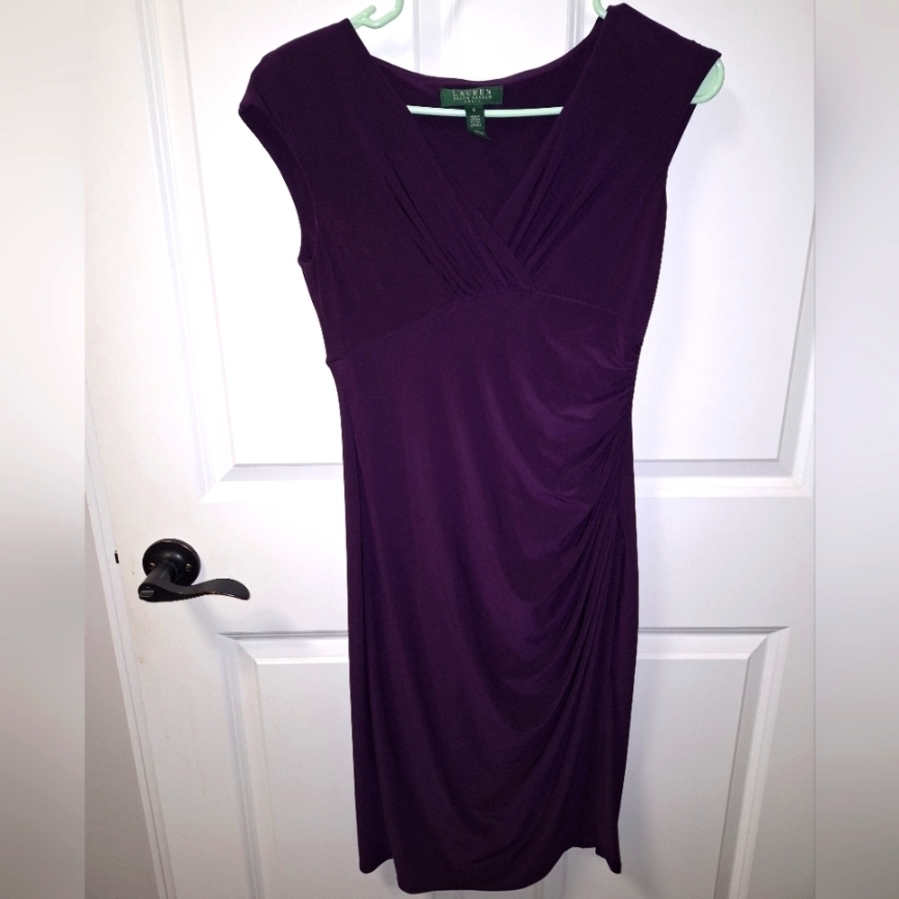A Lauren Ralph Lauren purple fitted Midi prom dress in a size 4 with a split hem